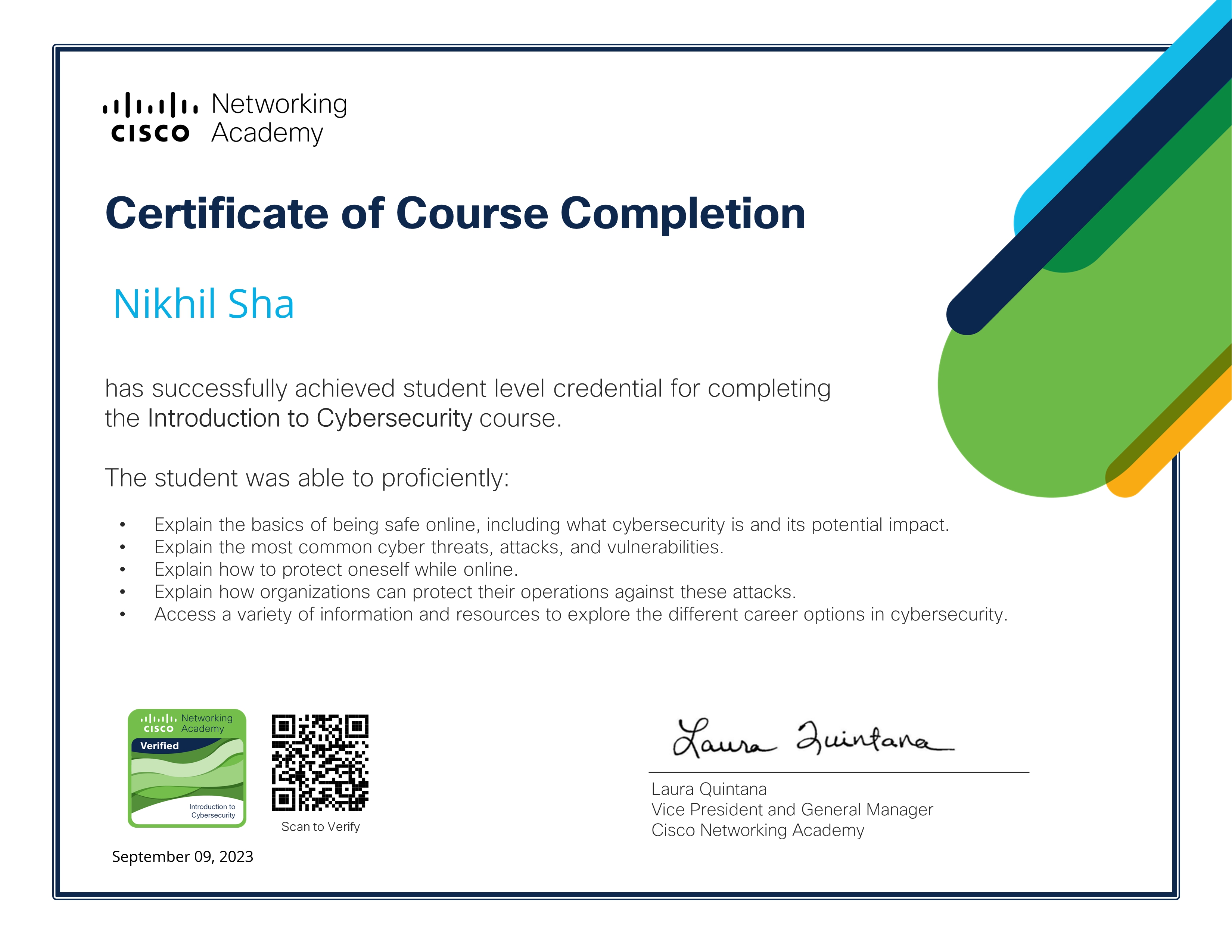 Introduction to Cybersecurity by Cisco Networking Academy